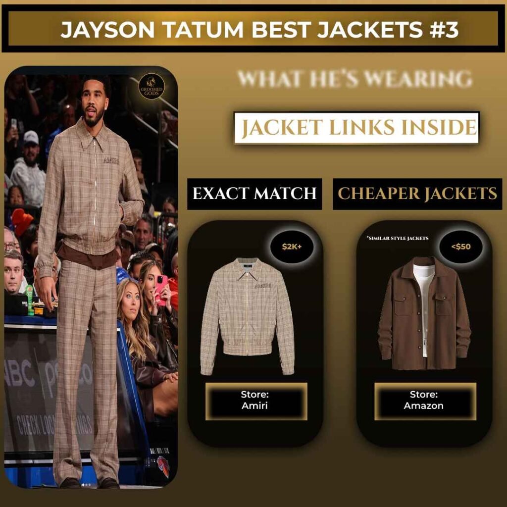 Jayson Tatum wearing a beige amiri plaid jacket with exact designer match and cheaper jacket alternatives displayed