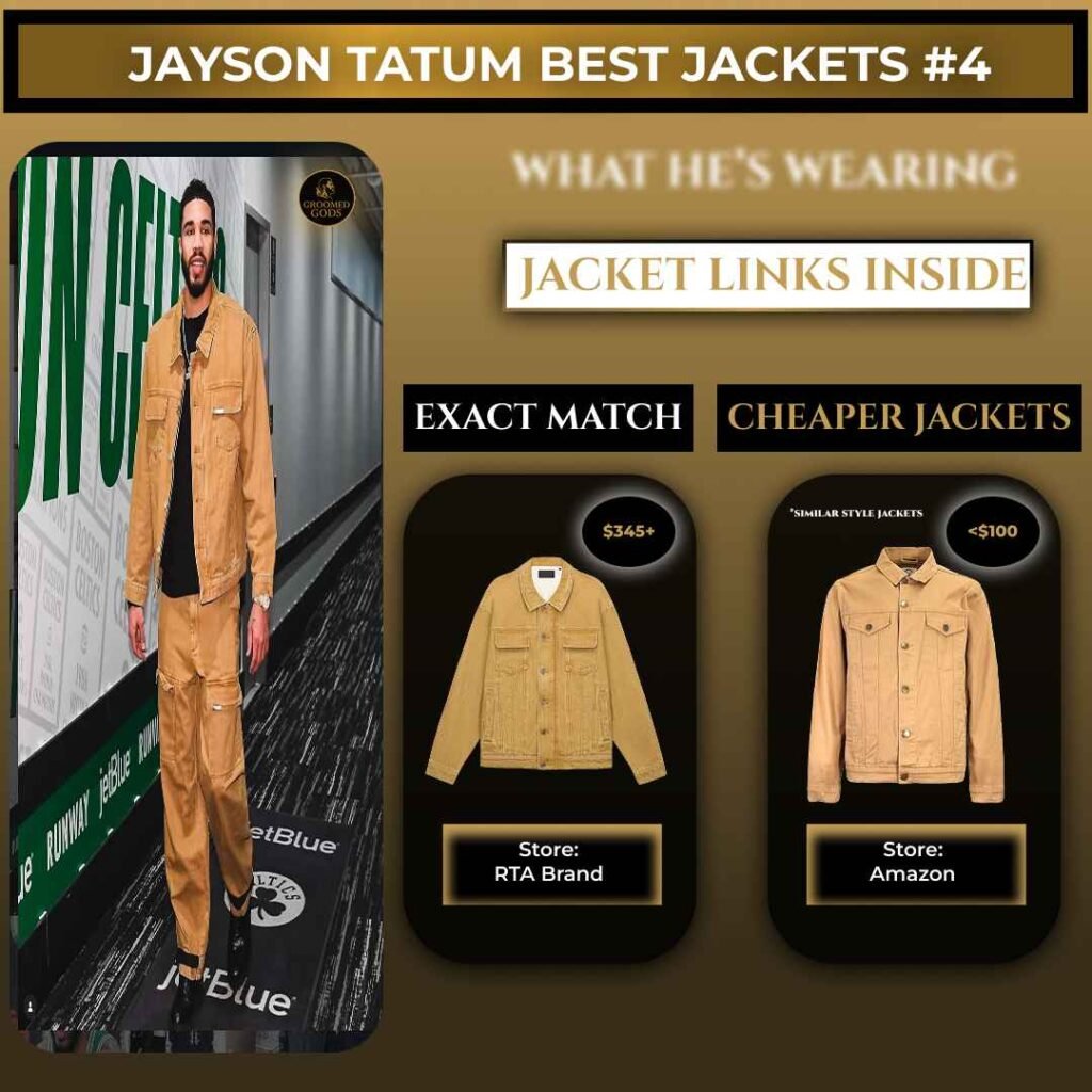 Jayson Tatum wearing a tan workwear-style jacket with exact match and similar jacket options shown side by side
