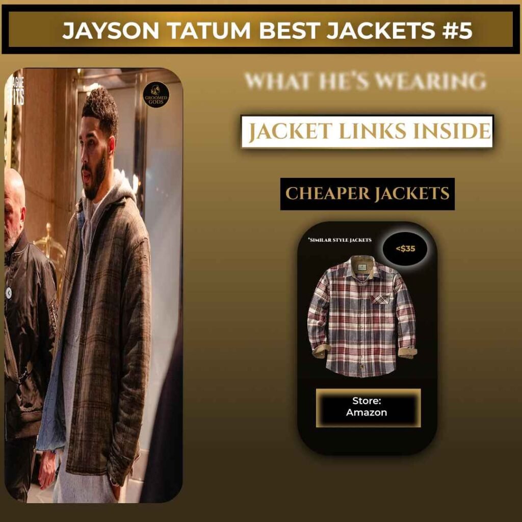 jayson tatum wearing a brown workwear-style jacket with a graphic showing cheaper jacket options on the right