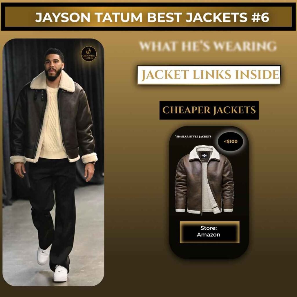 Jayson Tatum wearing a brown shearling jacket with a graphic showing cheaper jacket alternatives available online