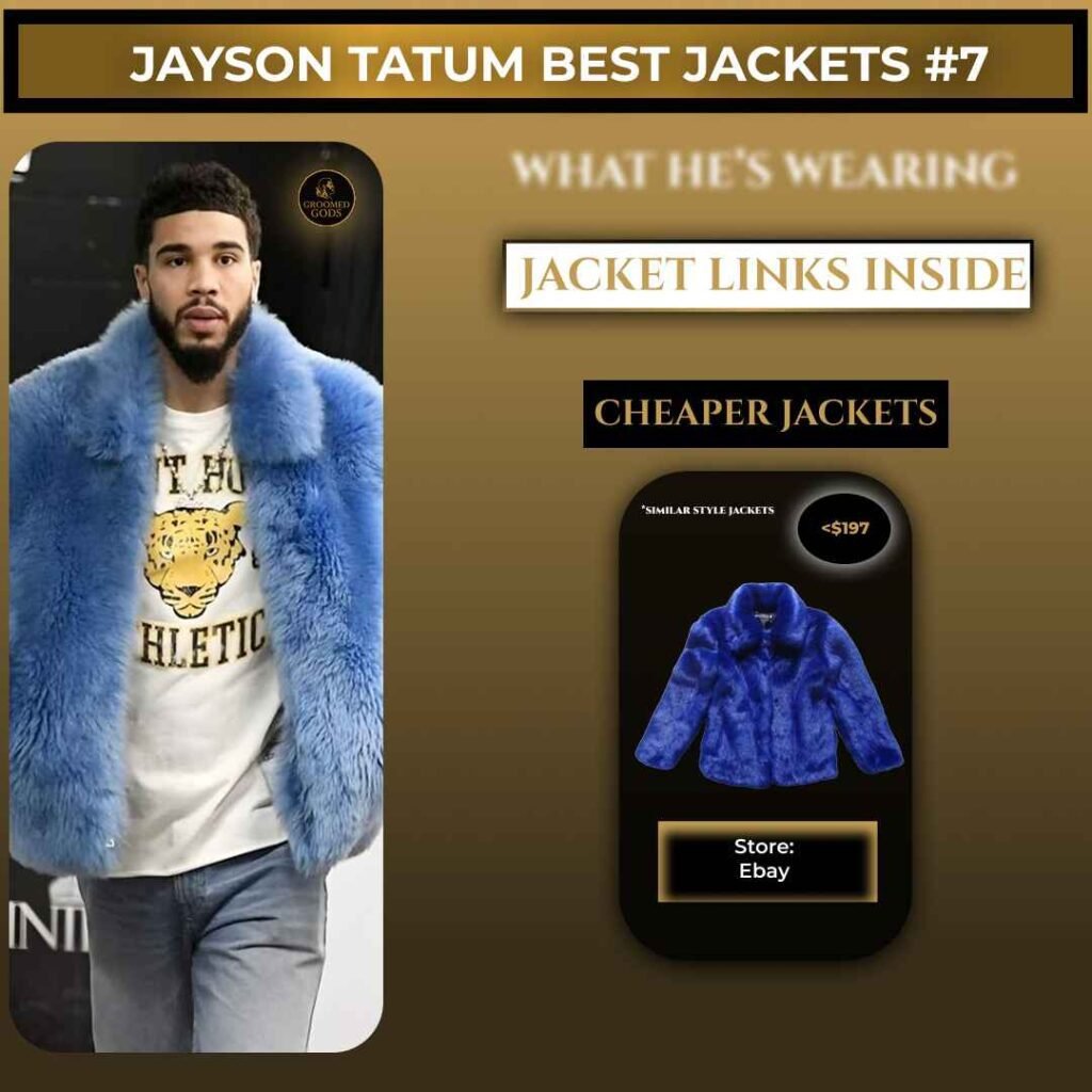 Jayson Tatum wearing a blue fur jacket with a graphic highlighting cheaper jacket alternatives and shopping links