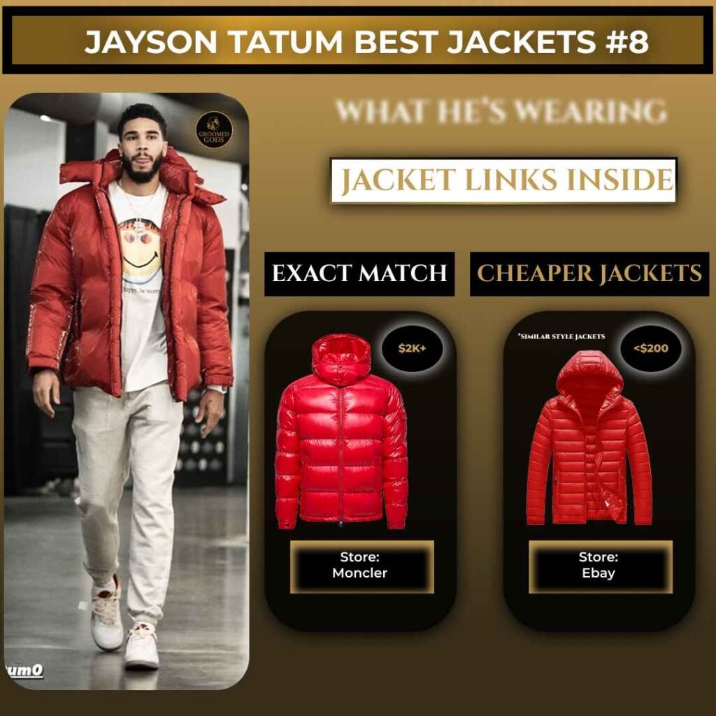 Graphic showing Jayson Tatum wearing a red puffer jacket with options for the exact jacket and cheaper similar jackets, including store links
