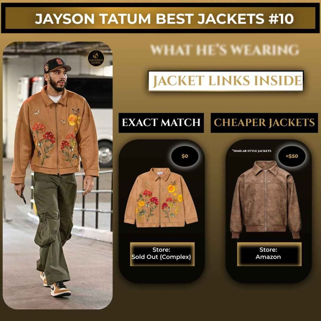 Jayson Tatum wearing a tan suede jacket with embroidered floral designs, button front, and a relaxed varsity-style fit