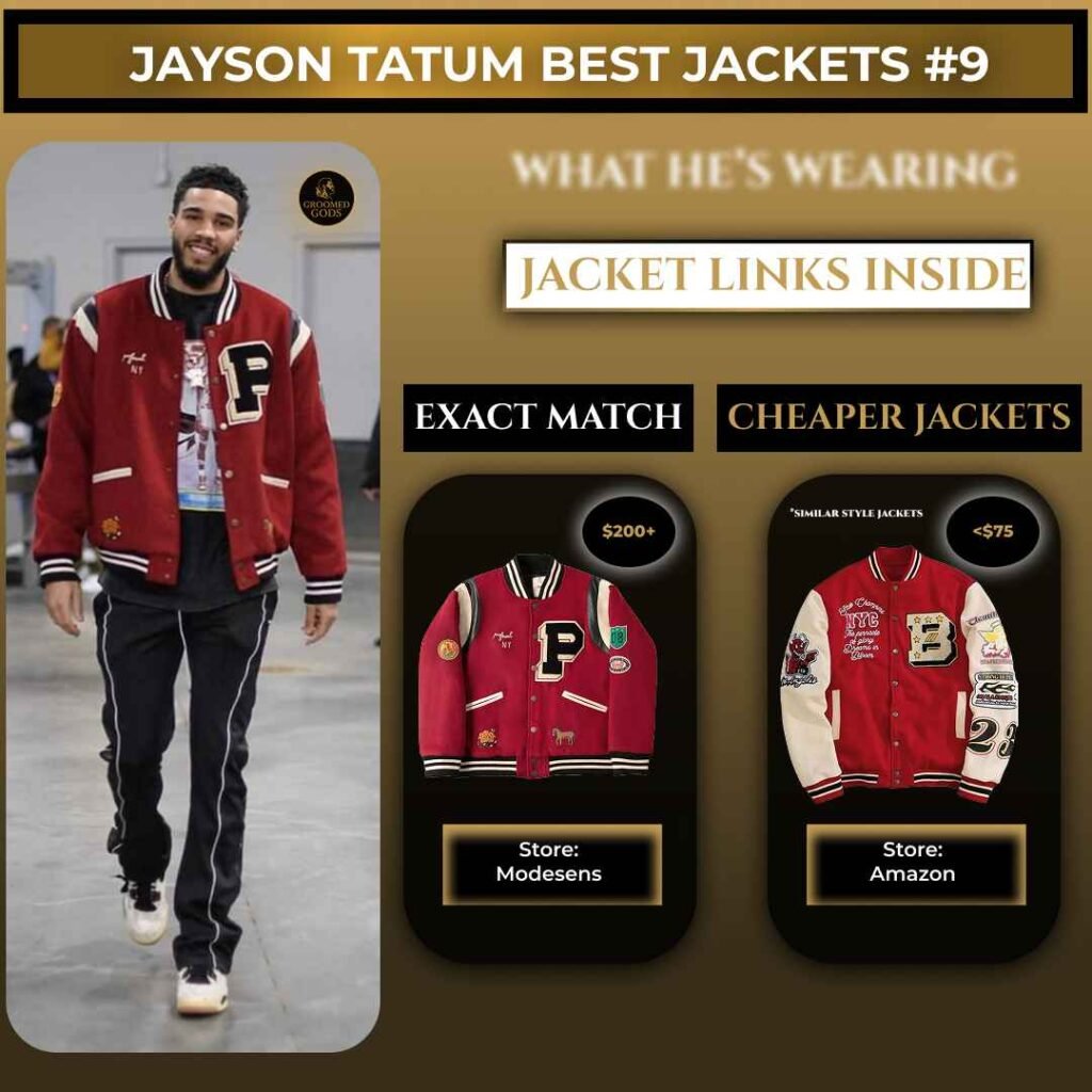Red varsity jacket with a deep red wool body, white leather sleeves, chenille letter patches, embroidered details, and ribbed striped trims worn by Jayson Tatum