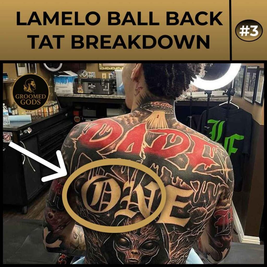 LaMelo Ball back tattoo highlighting the ‘ONE’ gothic lettering across the center of his upper back.