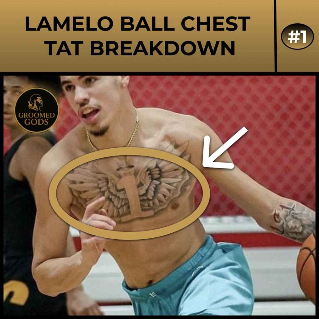 LaMelo Ball chest tattoo featuring a large ‘1’ with angel wings spread across his upper chest.