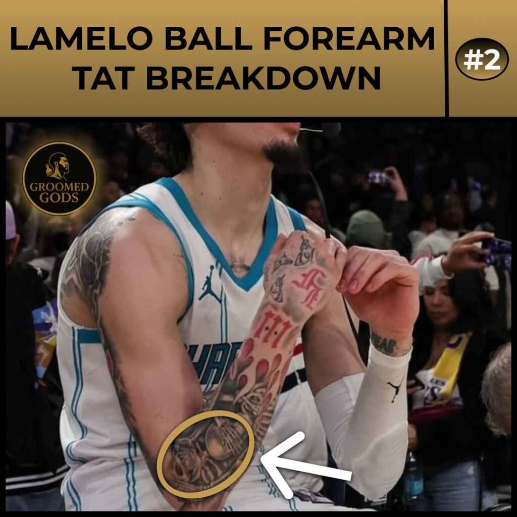 Close-up of LaMelo Ball’s forearm tattoo featuring a detailed black-and-grey portrait design