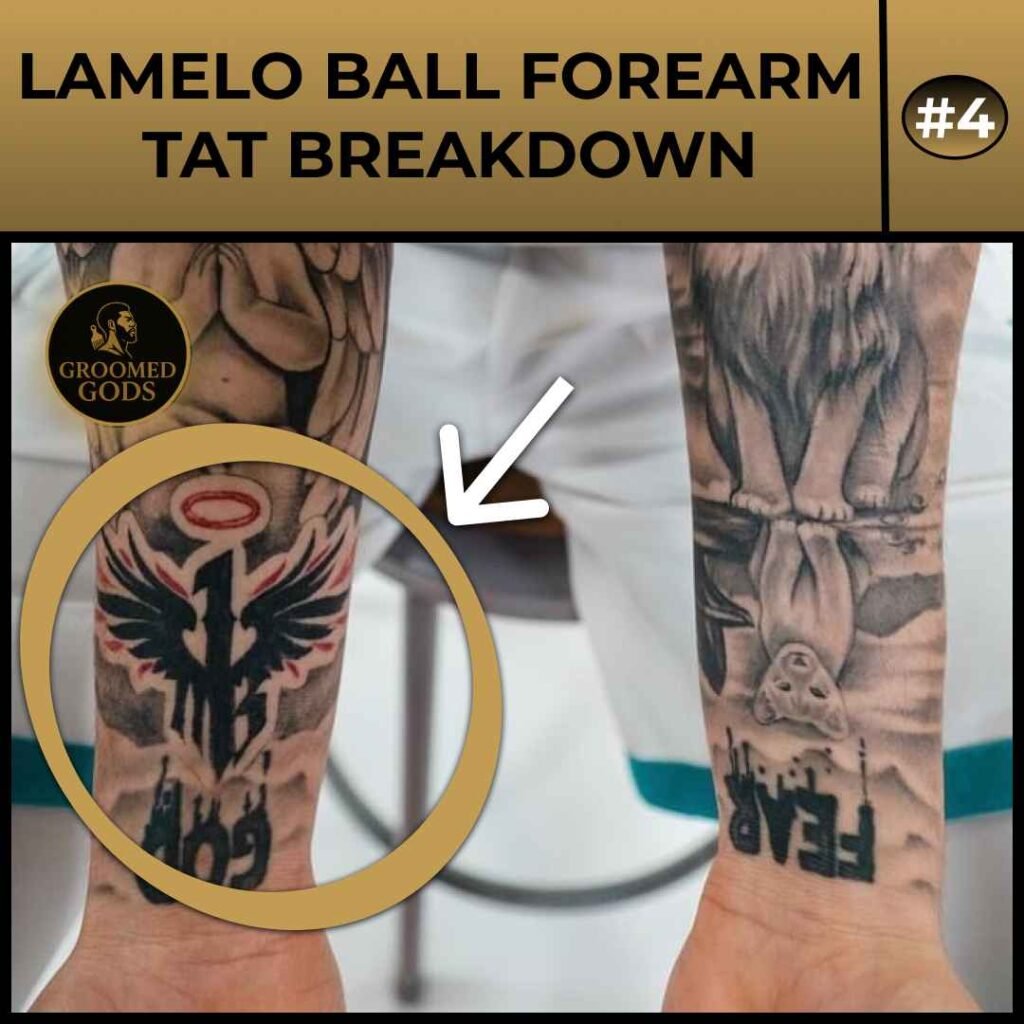LaMelo Ball forearm tattoo with a black winged symbol and halo design
