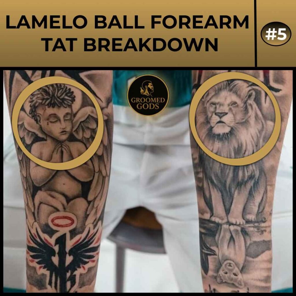LaMelo Ball forearm tattoos featuring a cherub angel and a realistic lion design