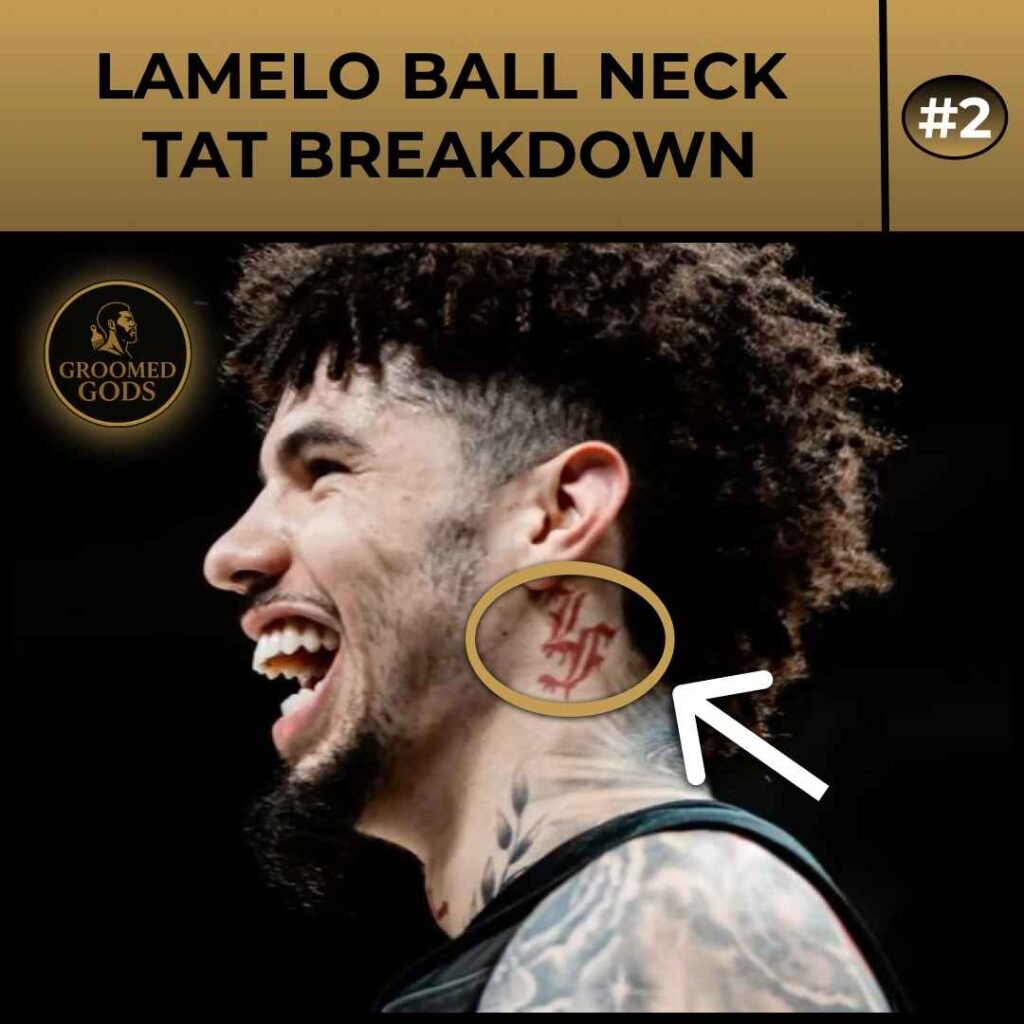 LaMelo Ball side neck tattoo with red script lettering behind his ear