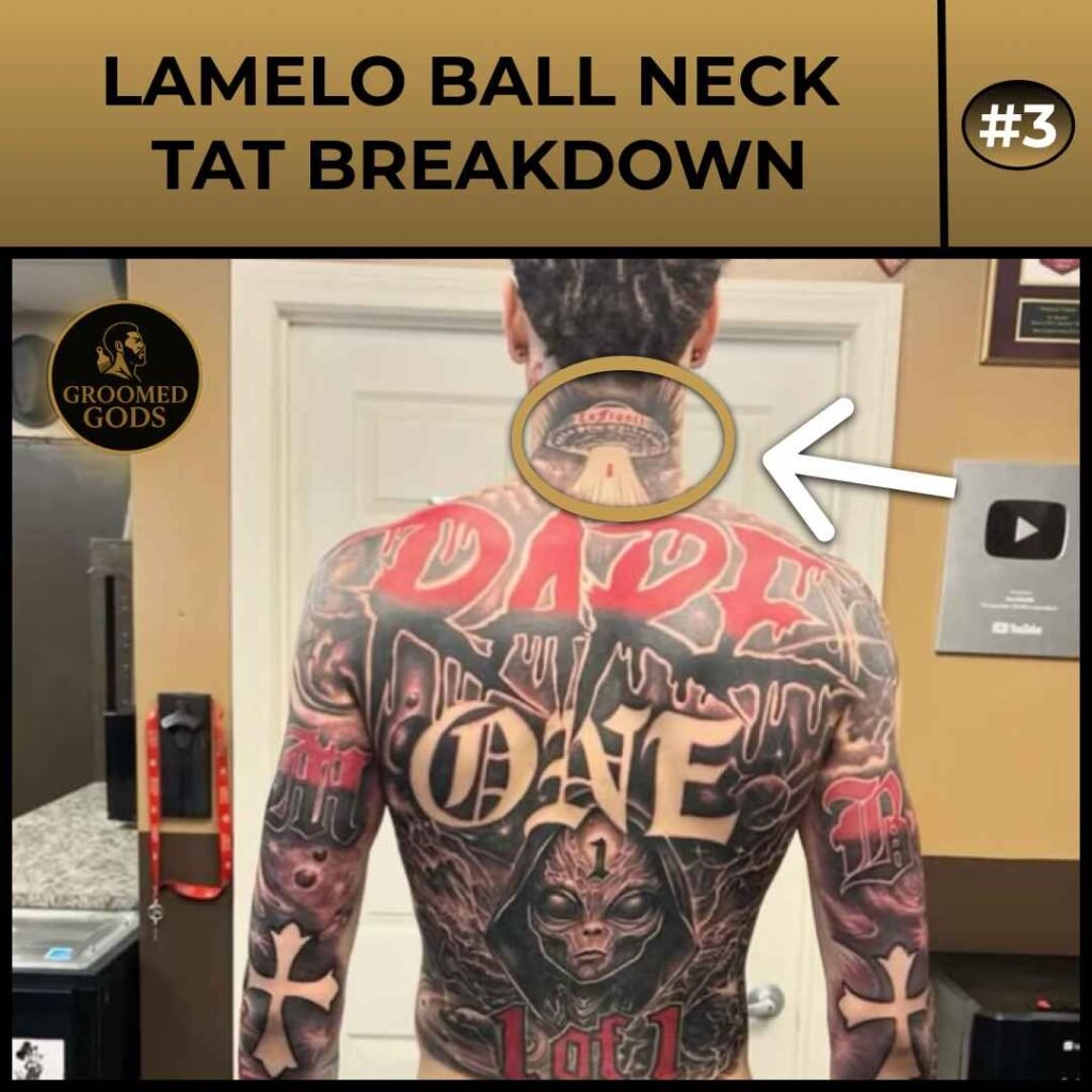 LaMelo Ball back of neck tattoo above his full back tattoo