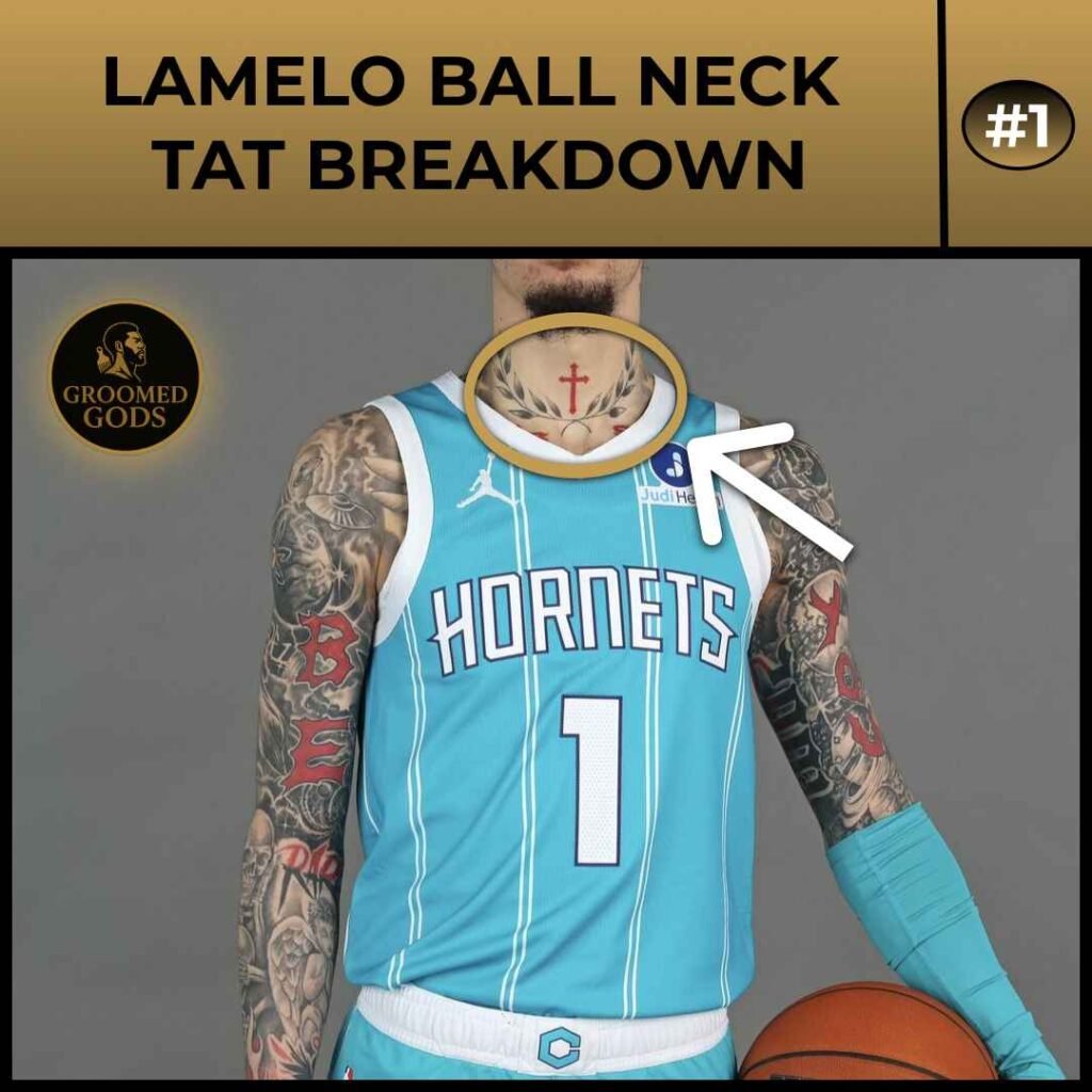 LaMelo Ball neck tattoo featuring a small red cross at the center of his throat
