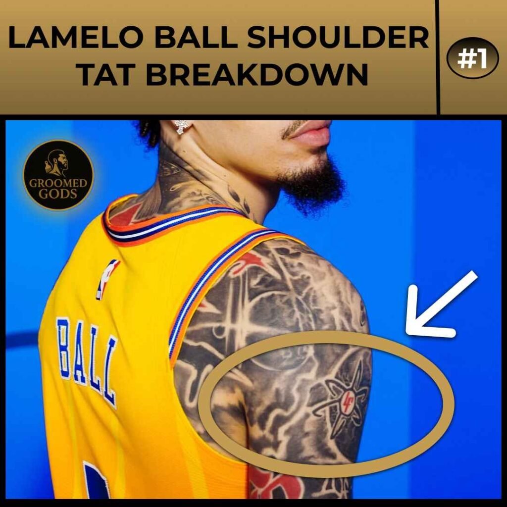 LaMelo Ball shoulder tattoo on his upper arm while wearing a basketball jersey