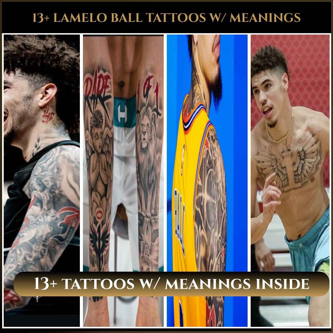 LaMelo Ball tattoos collage showing his arm, chest, and neck tattoos during games and training.
