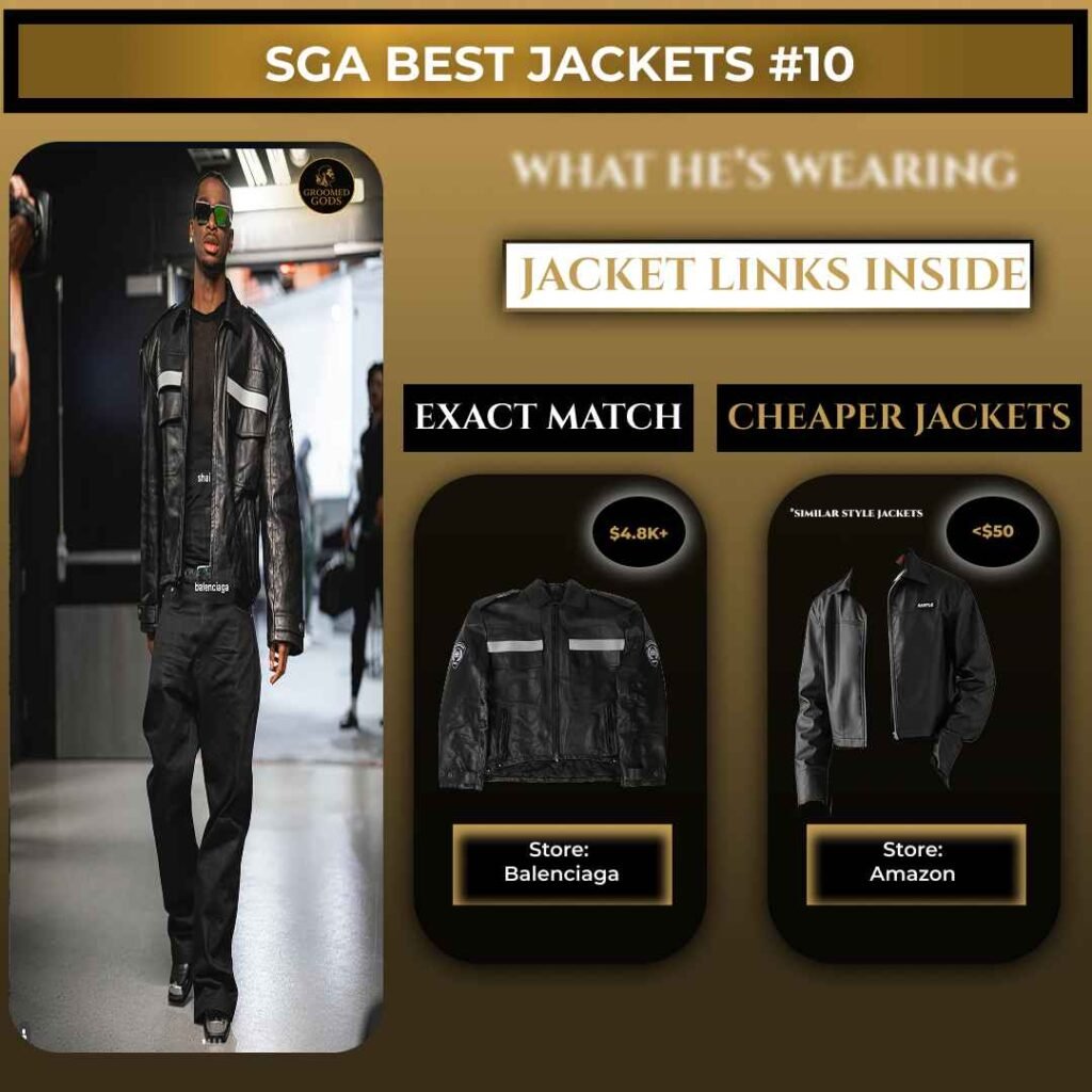 Shai Gilgeous-Alexander wearing a black leather jacket with reflective stripe details and relaxed fit