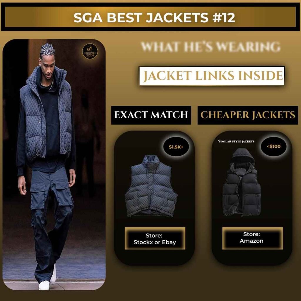 Shai Gilgeous-Alexander wearing a dark puffer vest layered over a hoodie, styled with loose black pants