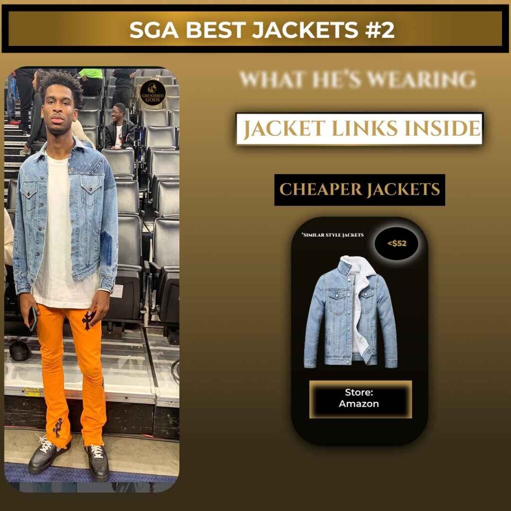 Shai Gilgeous-Alexander wearing a light blue denim jacket with orange pants, shown next to a similar affordable jacket option