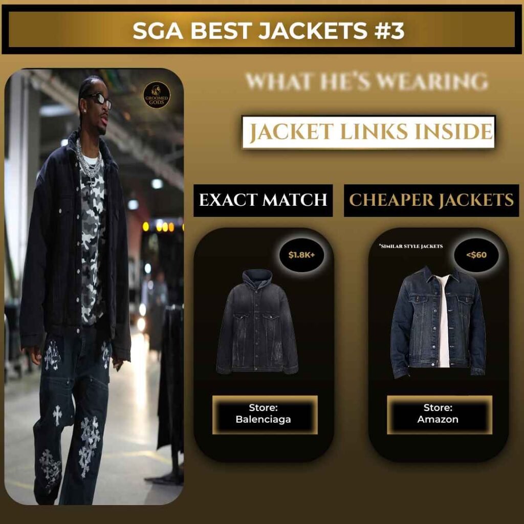 Shai Gilgeous-Alexander wearing a black jacket with graphic pants, shown with exact match and cheaper jacket alternatives