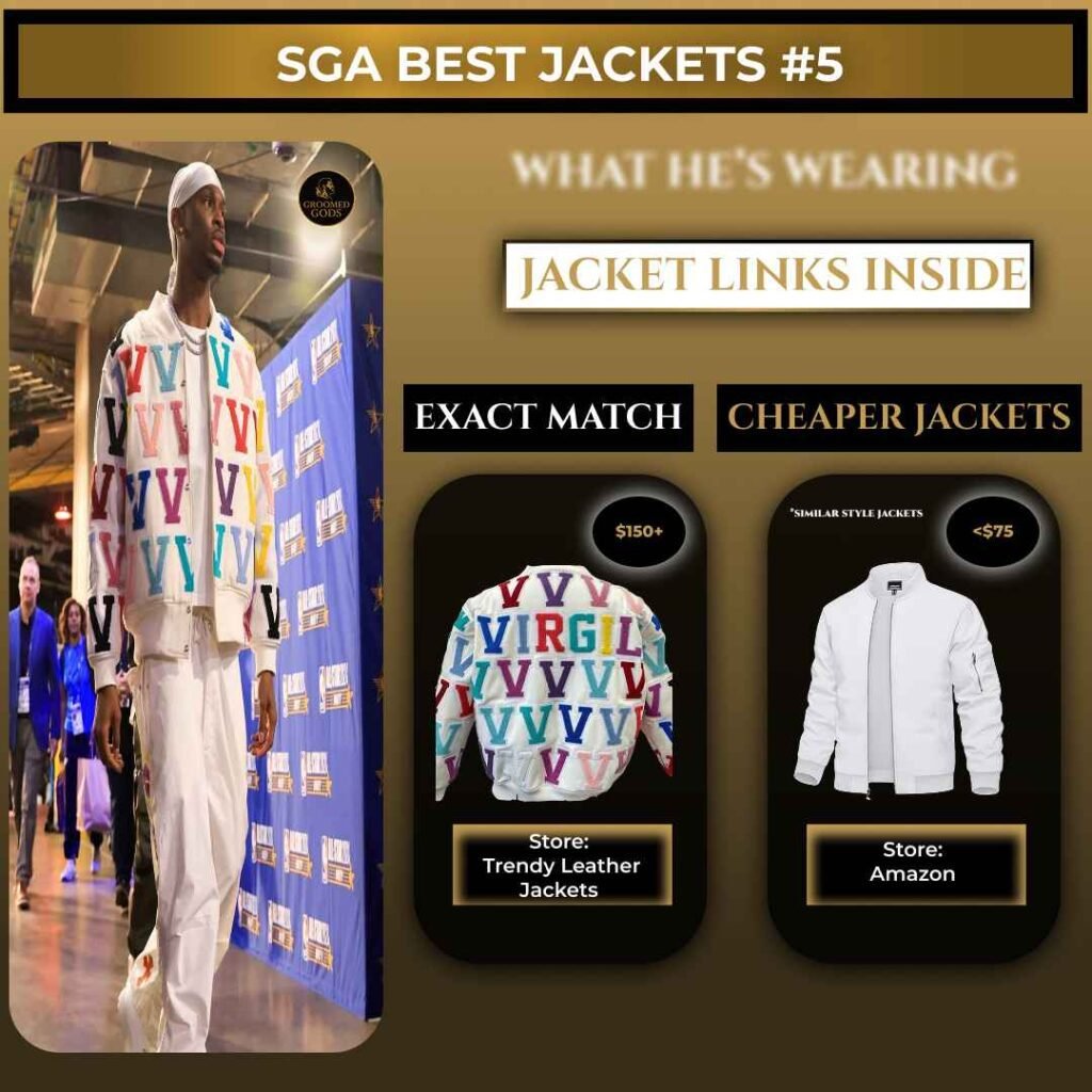 Shai Gilgeous-Alexander wearing a colorful designer jacket with exact match and cheaper jacket alternatives shown