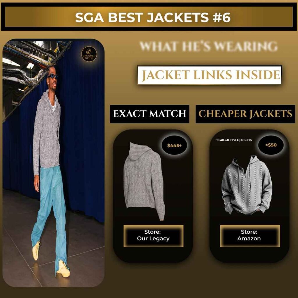 Shai Gilgeous-Alexander wearing a grey textured jacket with exact match and cheaper jacket alternative shown