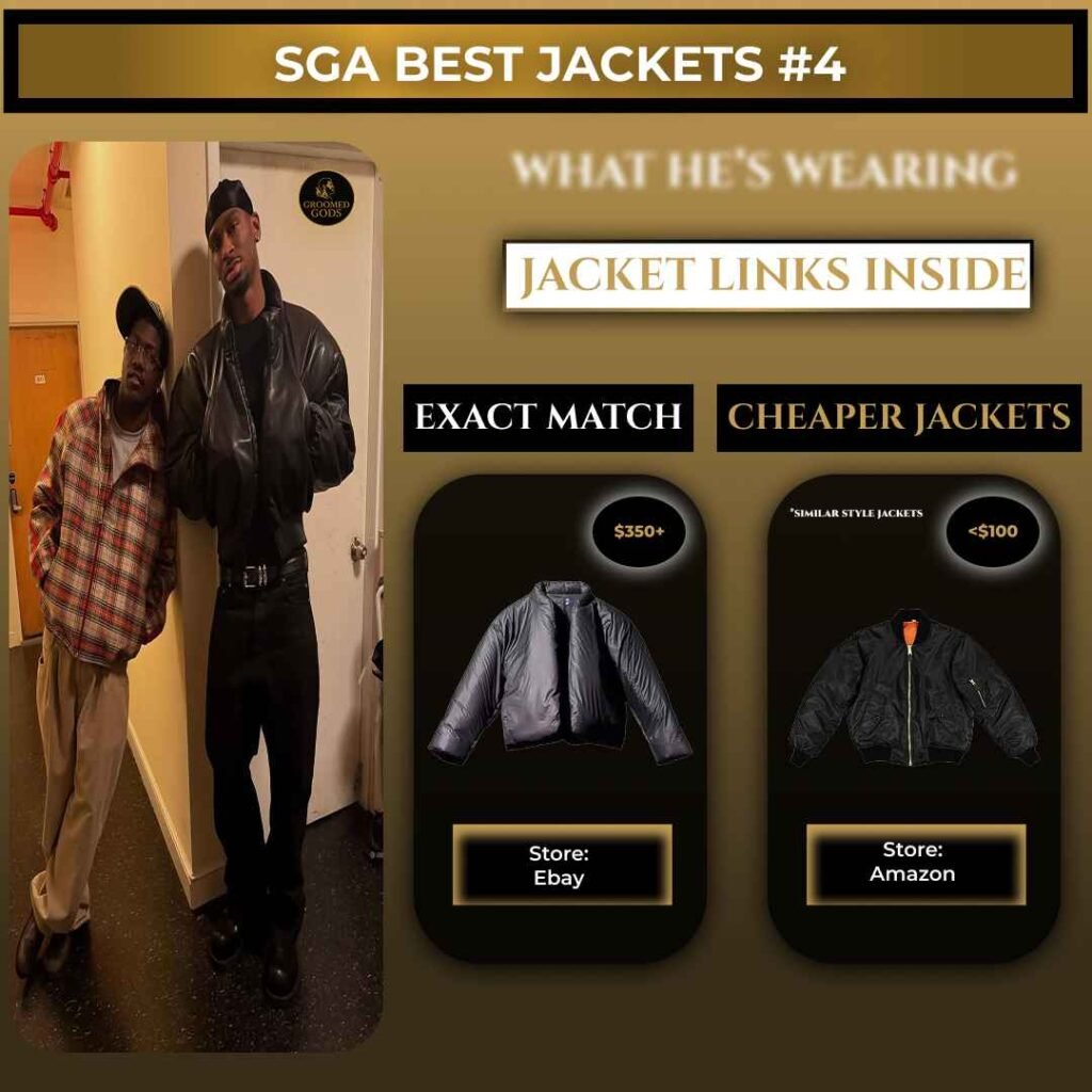 Shai Gilgeous-Alexander wearing a black leather jacket with a relaxed fit, standing next to Lil Yachty indoors, with jacket comparison options displayed on the right