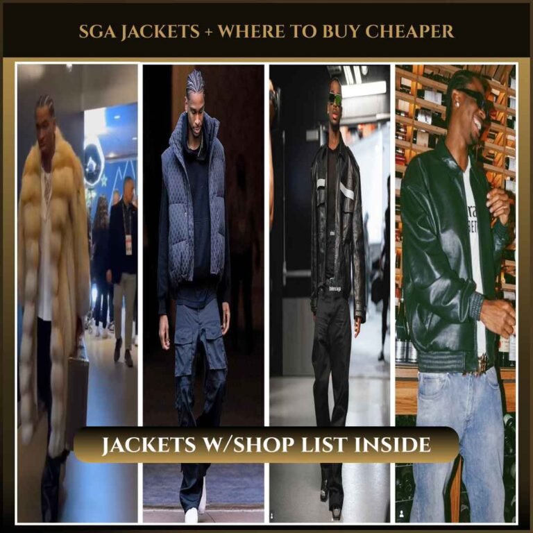 Shai Gilgeous-Alexander wearing multiple jacket styles including a tan fur coat, dark textured jacket, black leather jacket, and green Canada Goose jacket in a side-by-side collage