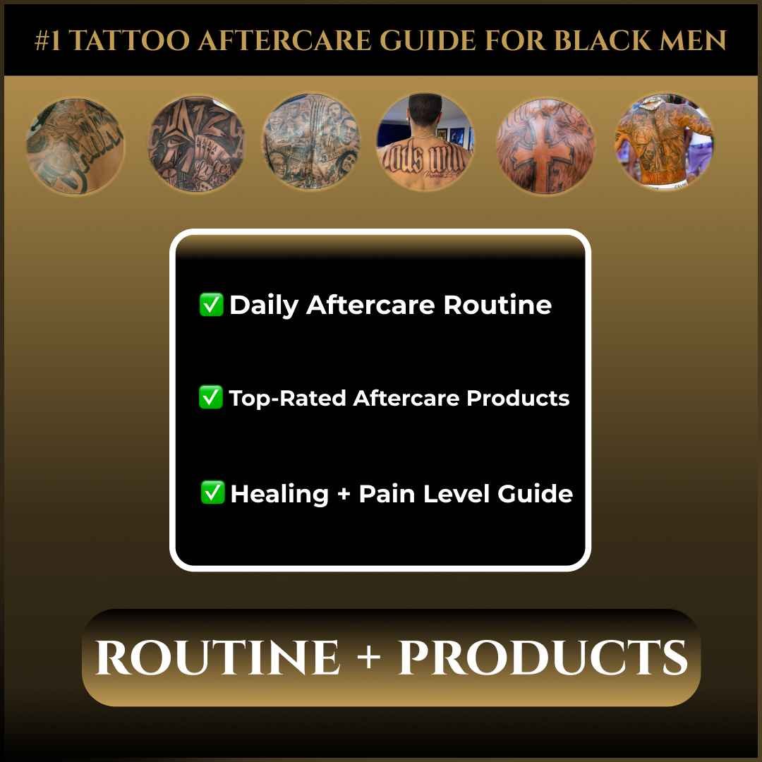 Tattoo aftercare guide for Black men featuring daily routine steps, top-rated aftercare products, and a healing and pain level guide.