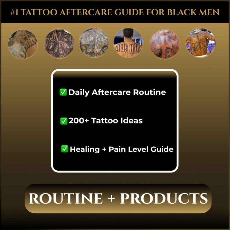 Tattoo aftercare guide for Black men showing daily aftercare routine, healing timeline, and tattoo ideas